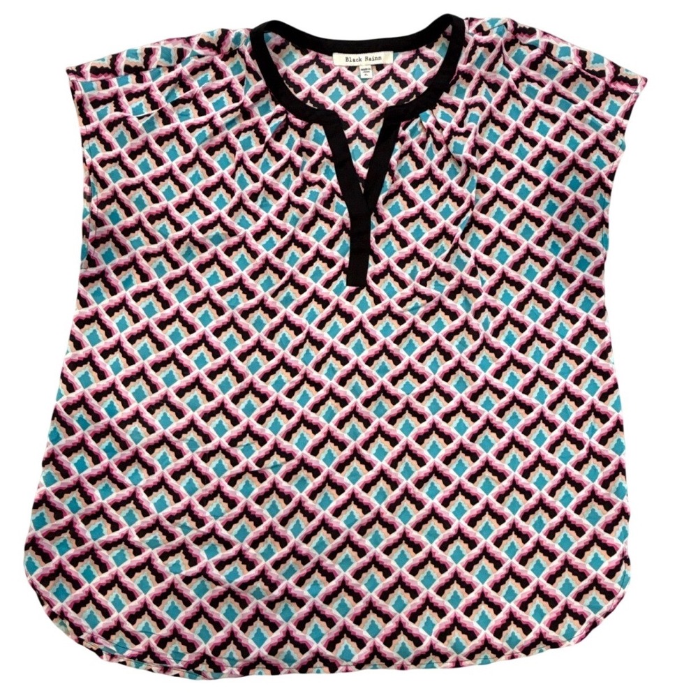 Black Rainn Pink Turquoise Geometric Diamond‎ Split Neck Petite Blouse PL